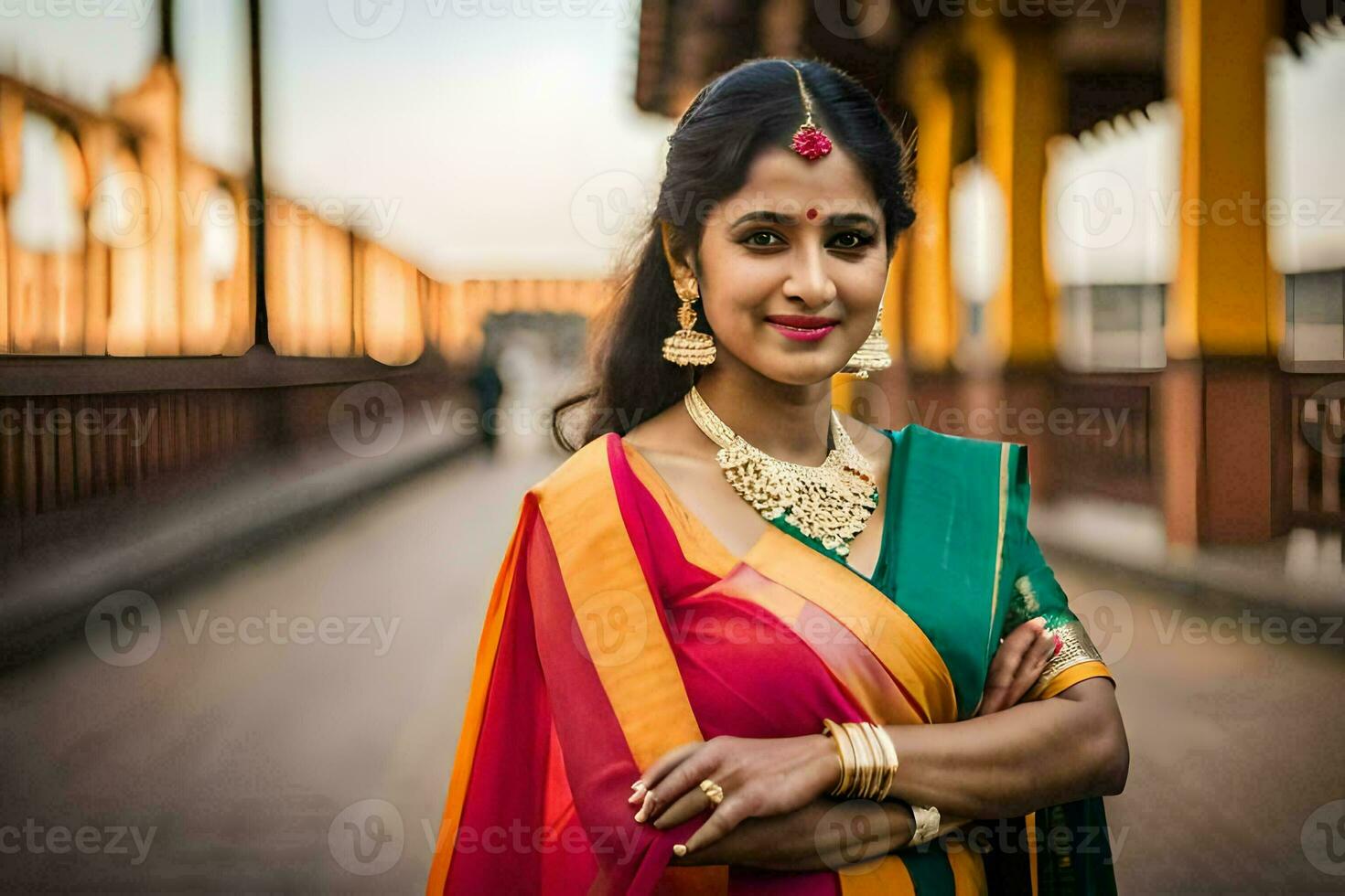 a beautiful indian woman in a colorful sari. AI-Generated photo