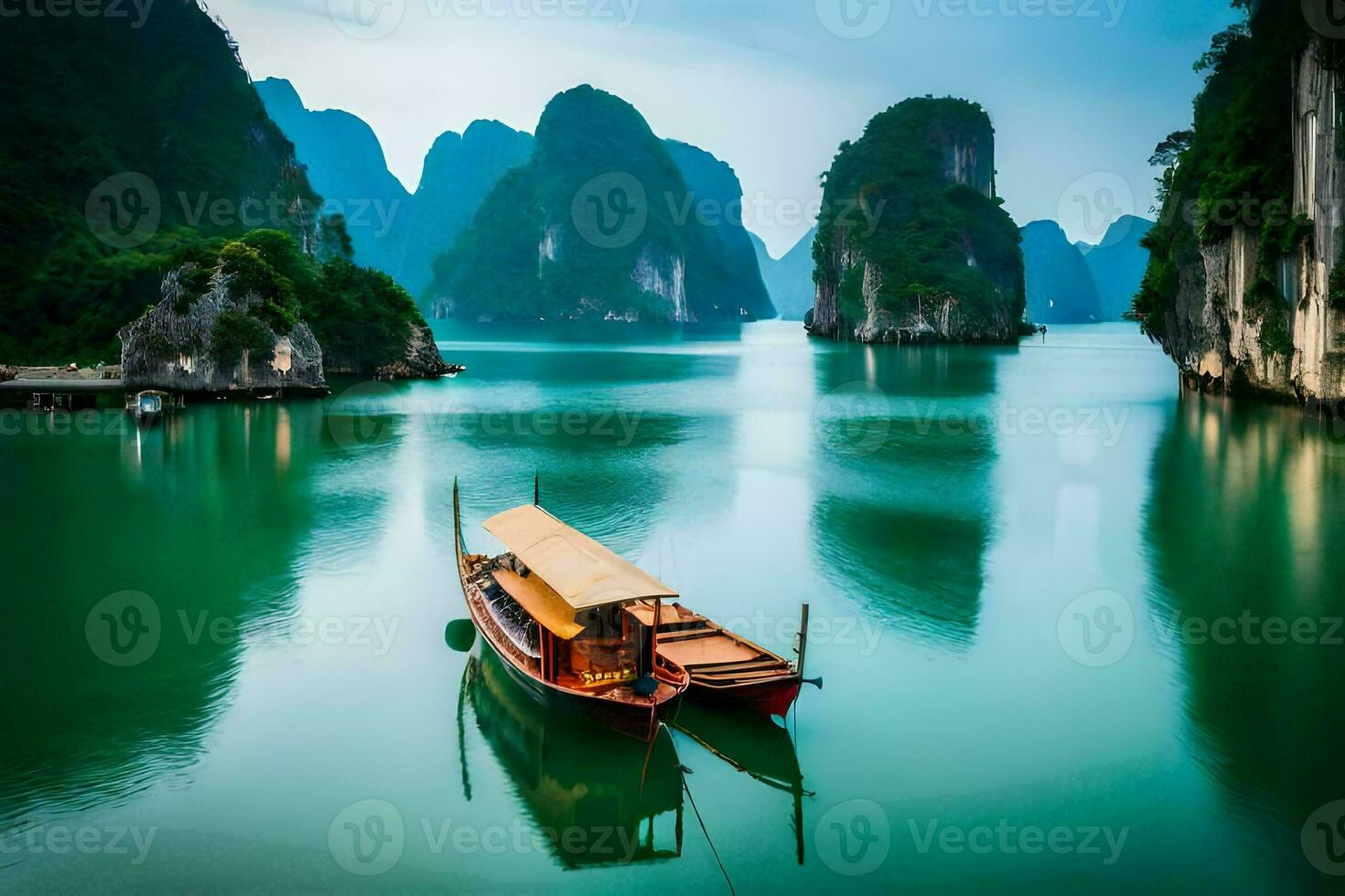 a boat floating in the water near mountains. AI-Generated photo