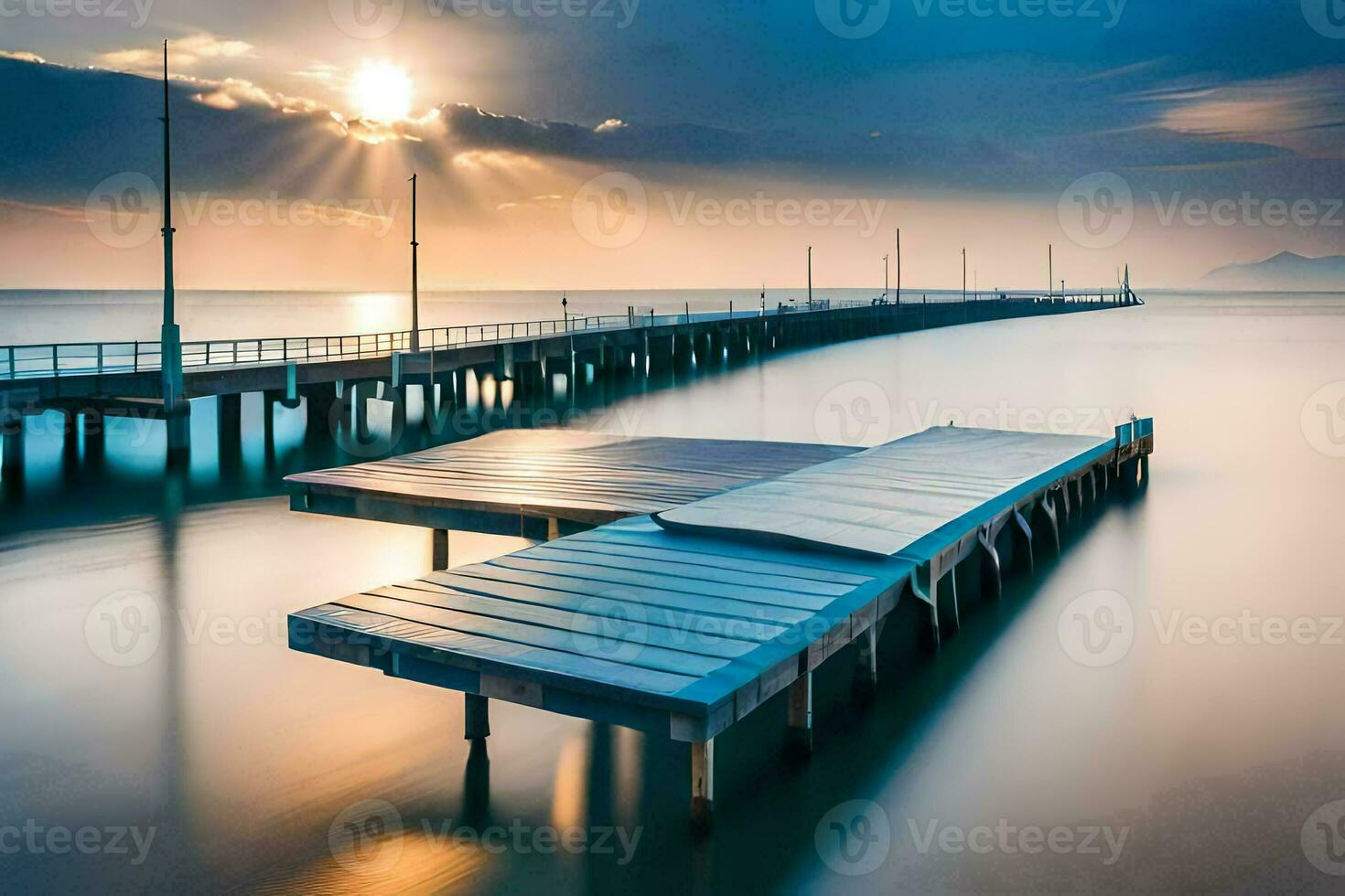 a pier in the ocean with the sun shining. AI-Generated photo