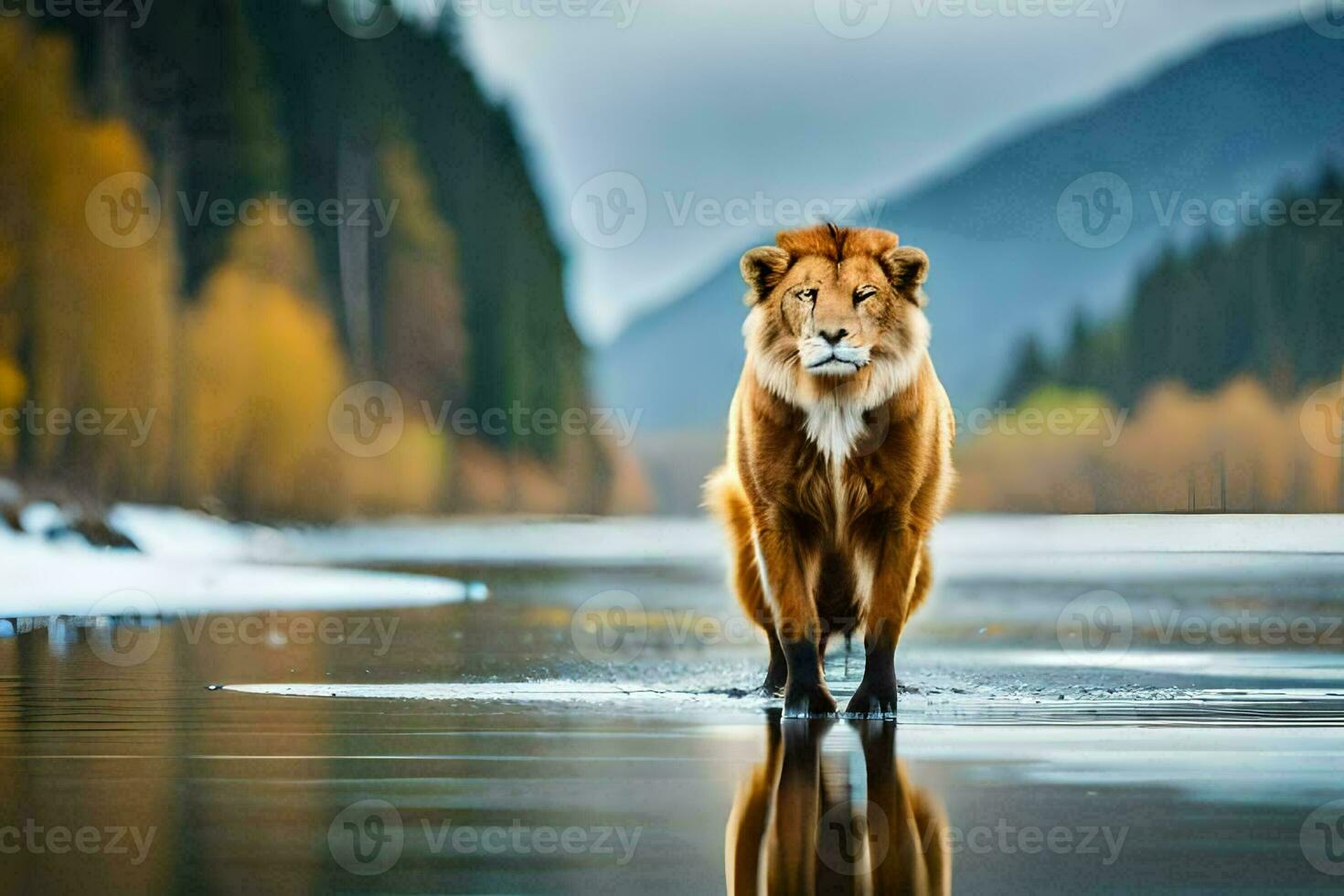 un león caminando a través de un congelado lago. generado por ai foto