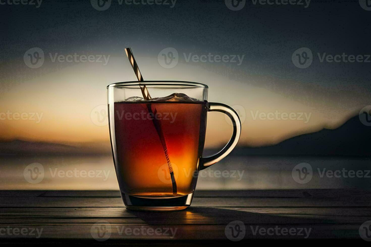 a glass of tea on a wooden table with a sunset in the background. AI-Generated photo