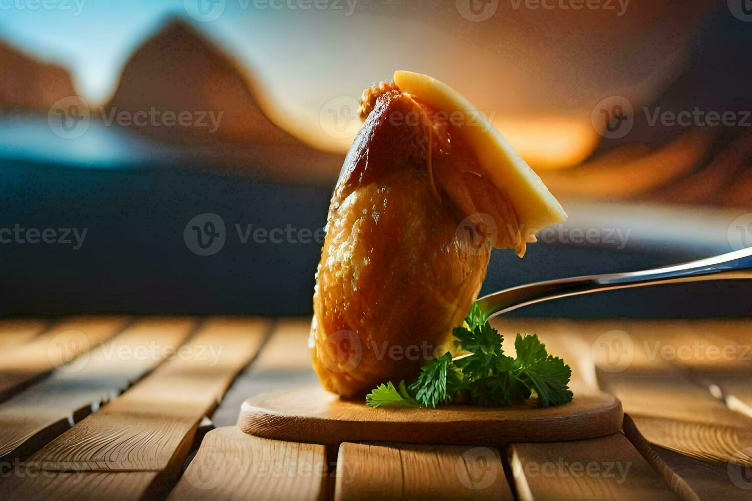 a piece of meat on a wooden board with a fork. AI-Generated photo