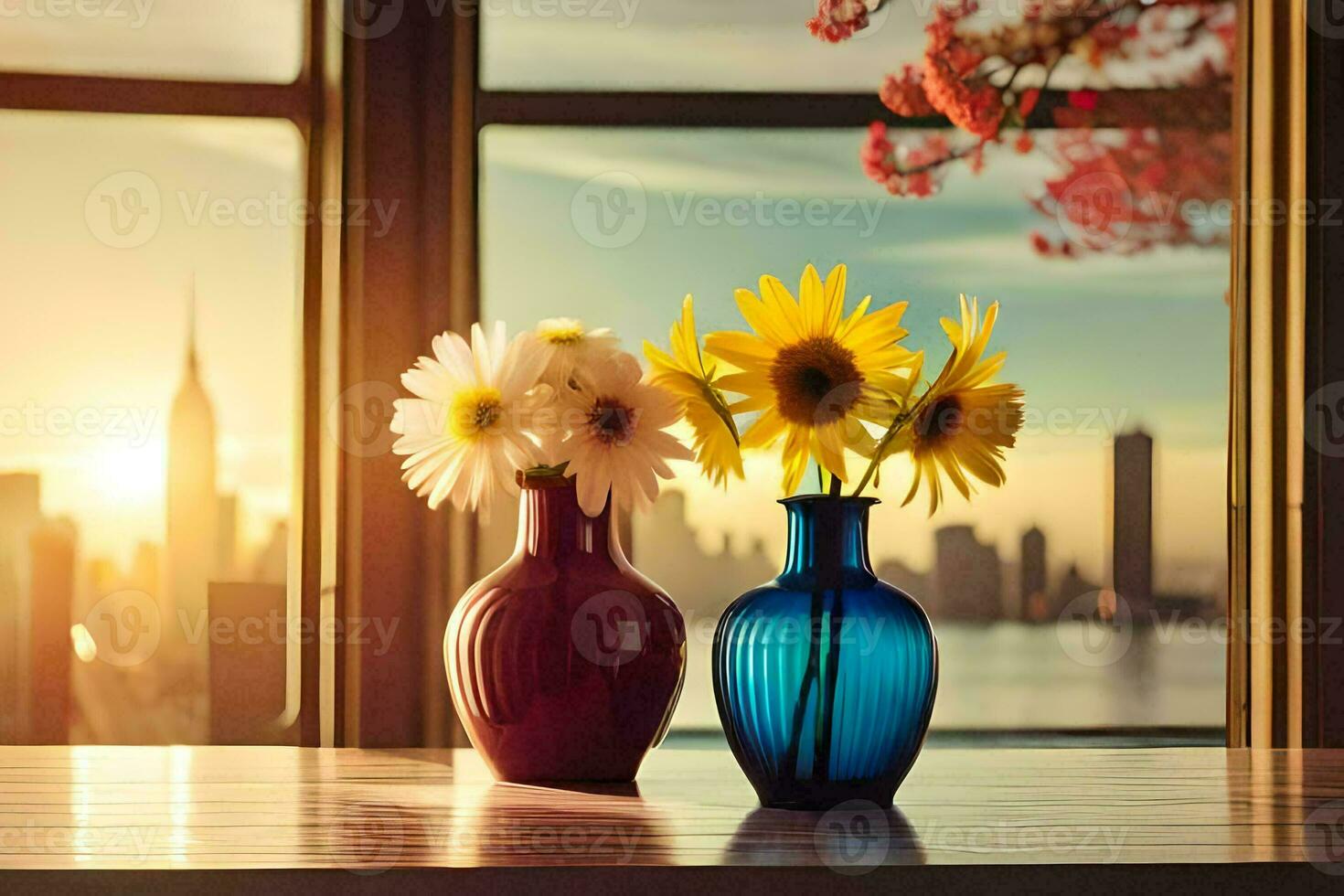 two vases with flowers sitting on a table with a view of the city. AI-Generated photo