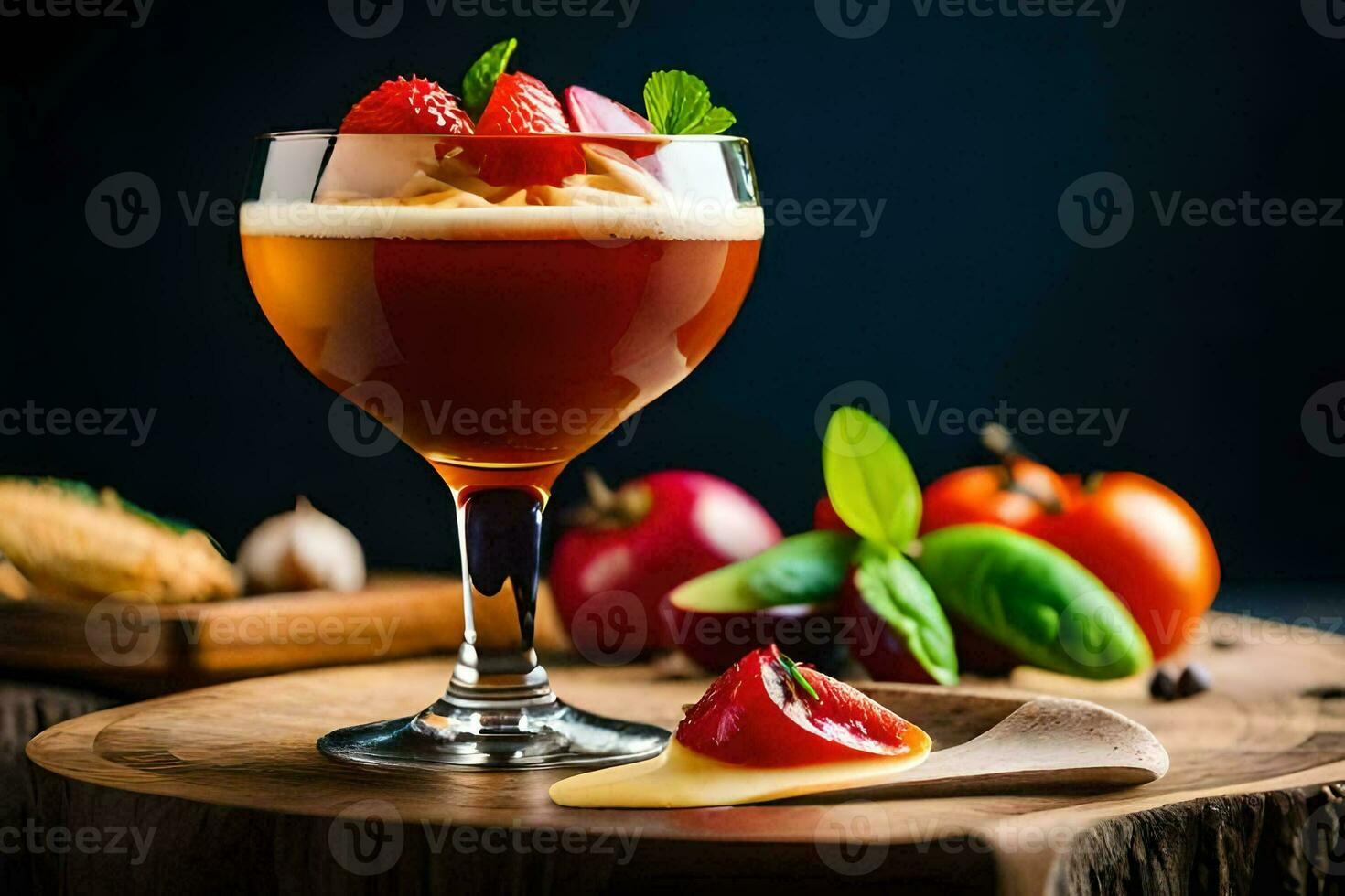 a glass of wine with strawberries and cheese. AI-Generated photo