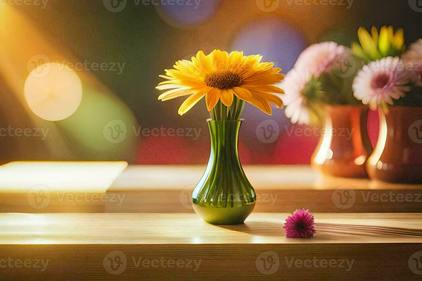 a vase with yellow flowers on a table. AI-Generated photo