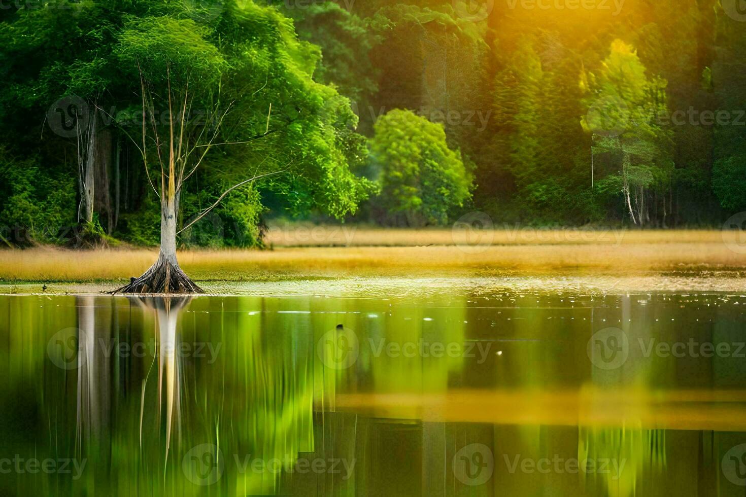 a tree in the middle of a lake with the sun shining. AI-Generated photo