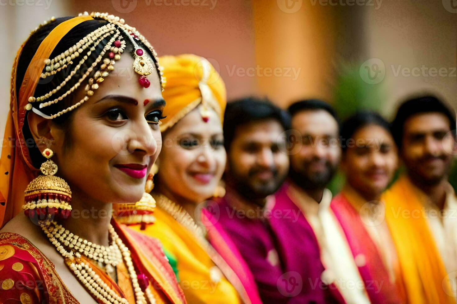 un novia y novio en tradicional indio atuendo. generado por ai foto