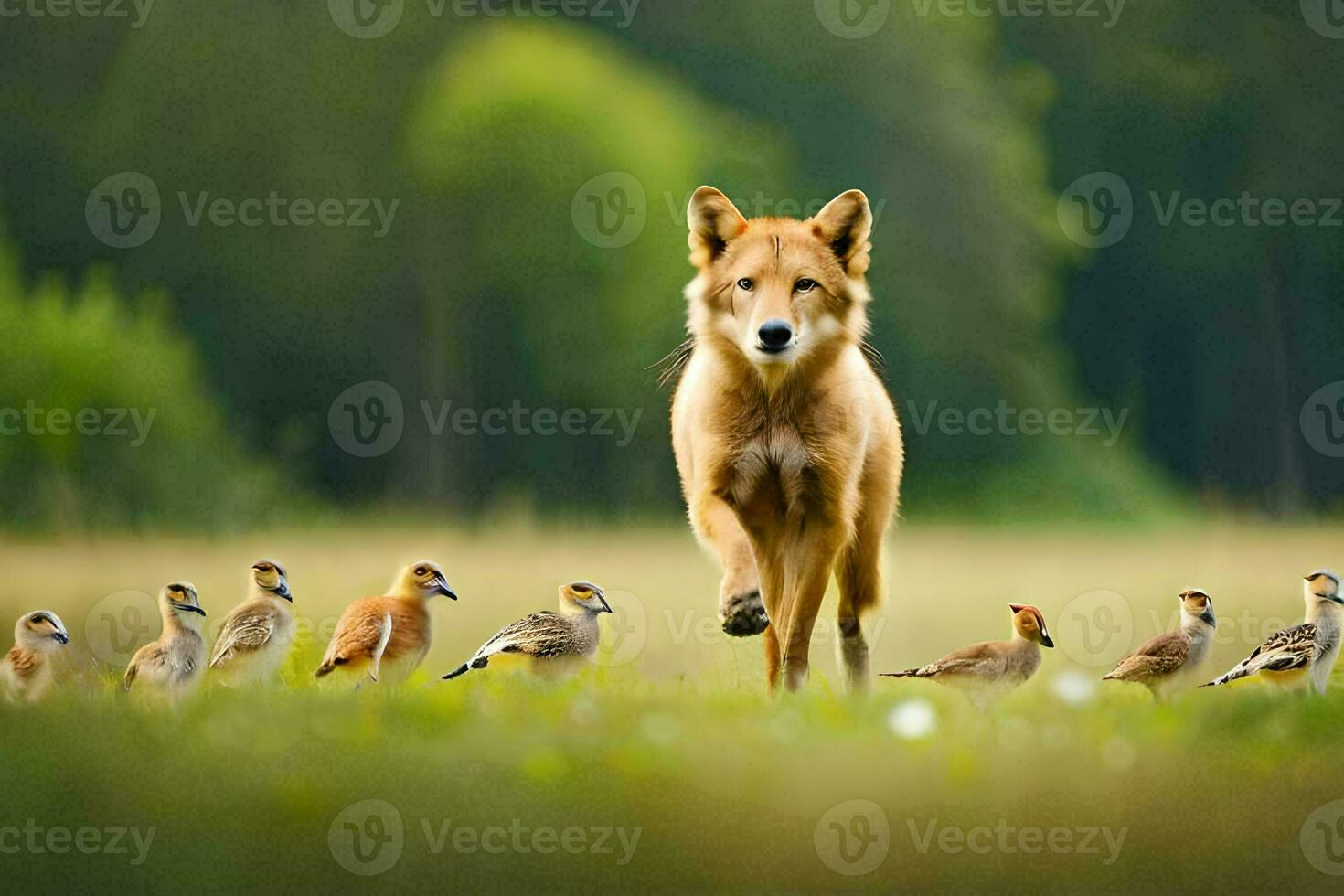 a dog walking through a field with birds. AI-Generated photo