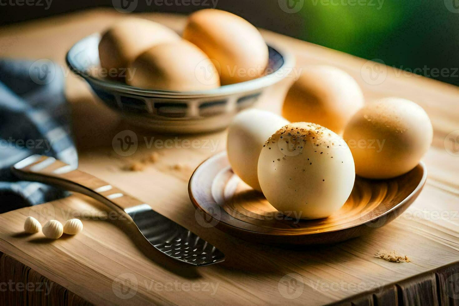 eggs on a wooden table with a bowl and spoon. AI-Generated photo