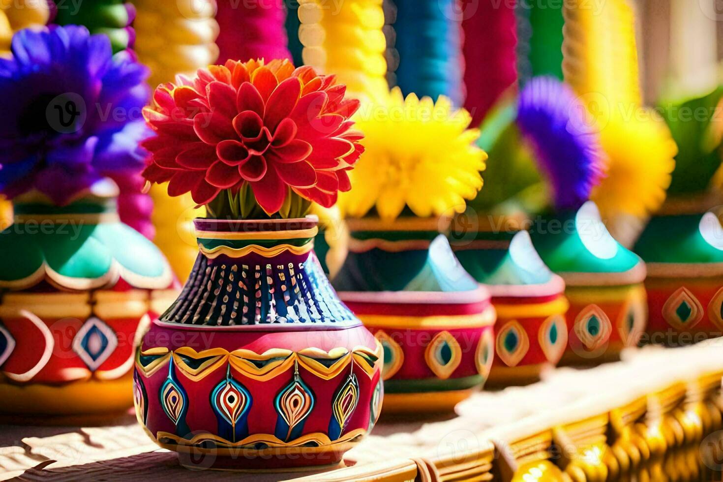 colorful vases with flowers are lined up on a table. AI-Generated photo