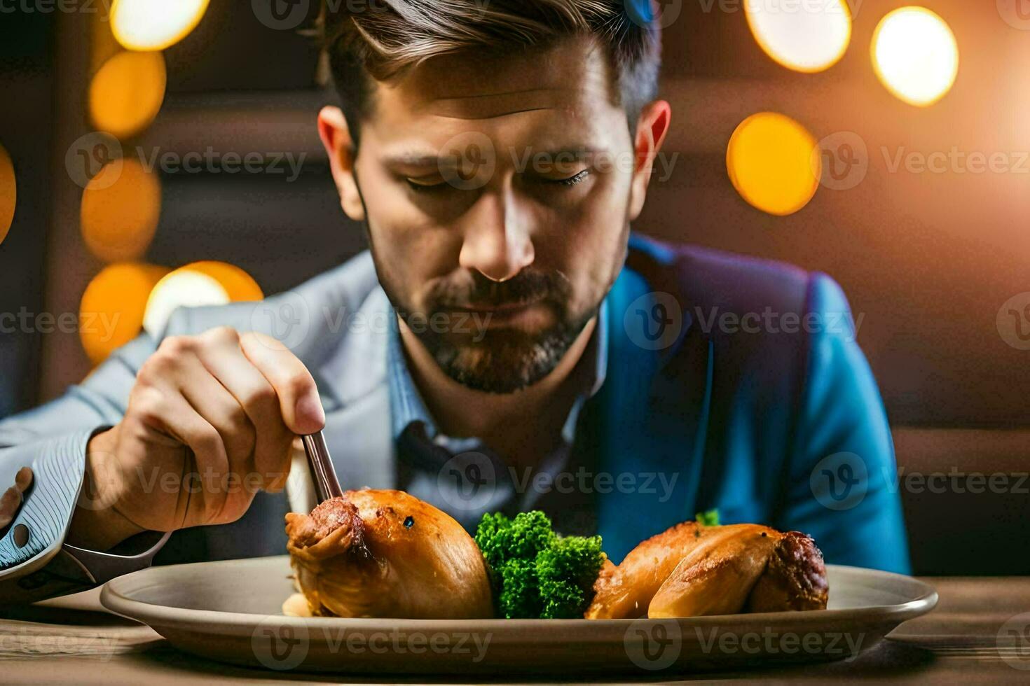 un hombre es comiendo pollo en un lámina. generado por ai foto