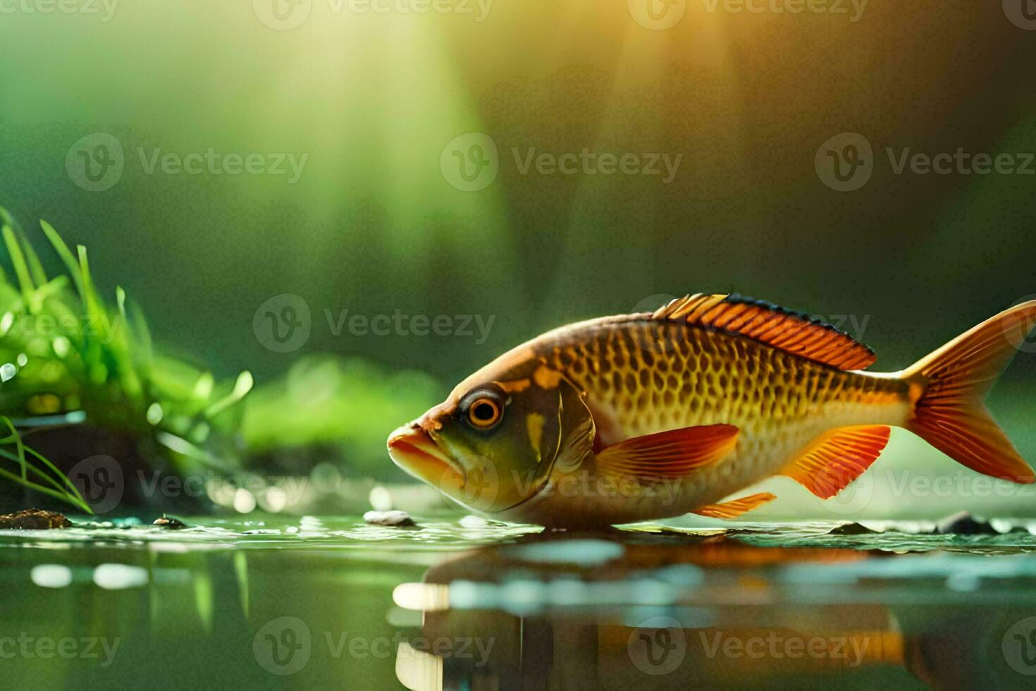 fish in the water with grass and sunlight. AI-Generated photo