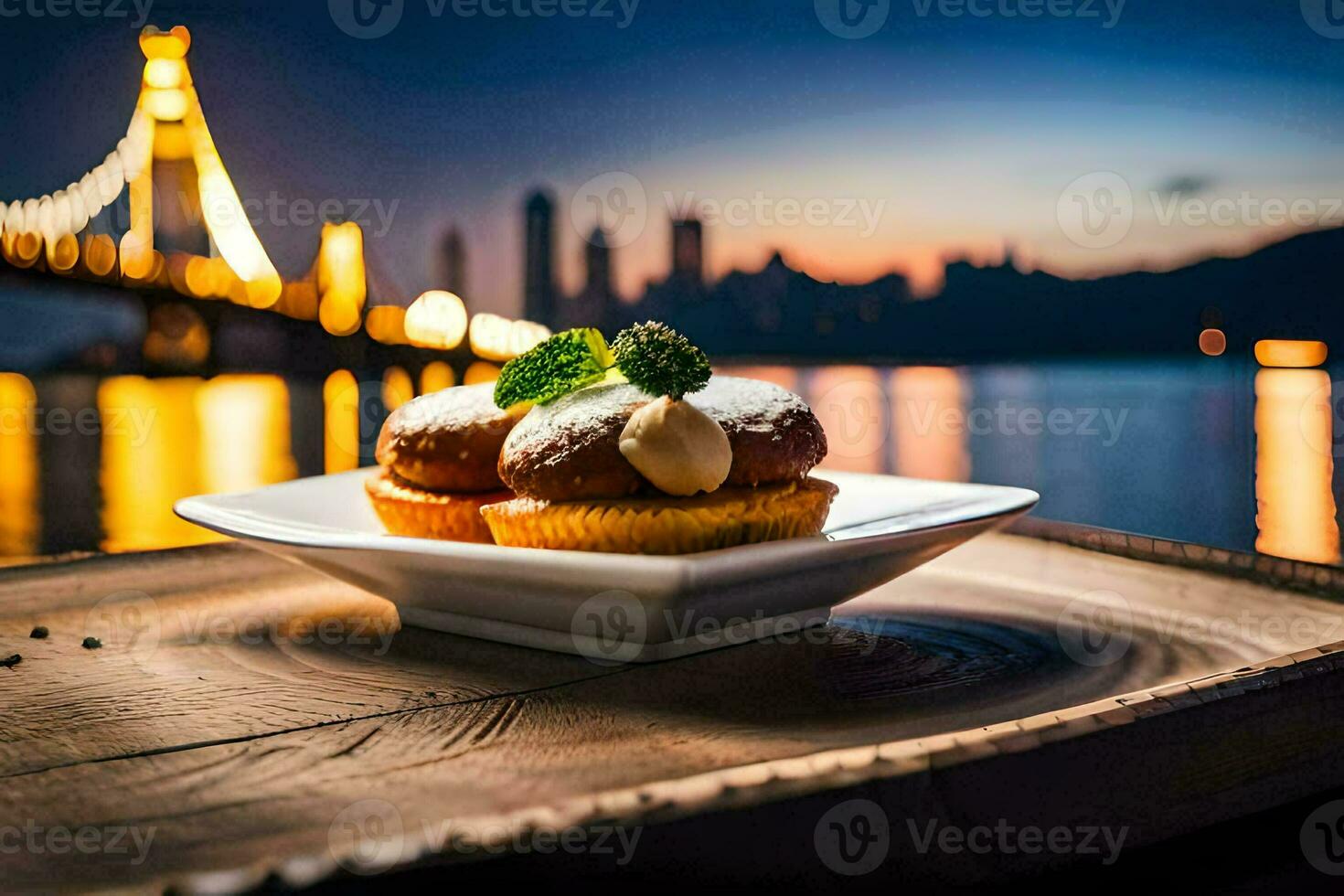 a dessert on a plate with a bridge in the background. AI-Generated photo