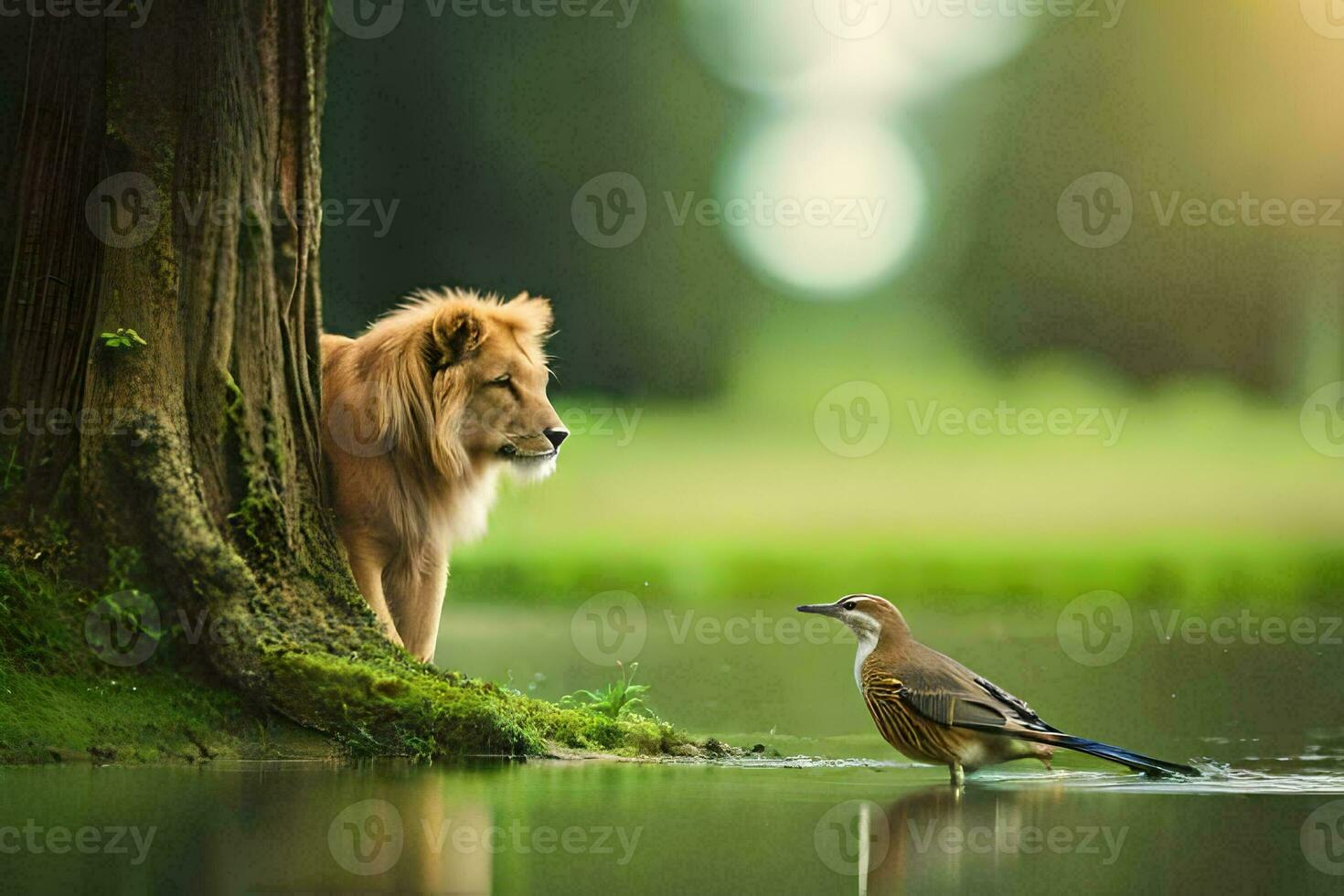 el león y el pájaro. generado por ai foto