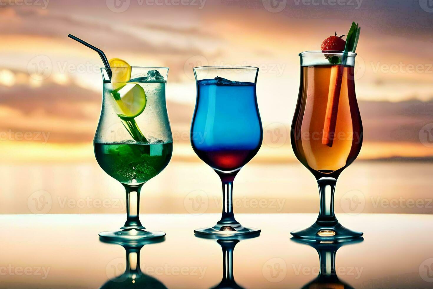 Tres diferente de colores bebidas en lentes en un mesa. generado por ai foto