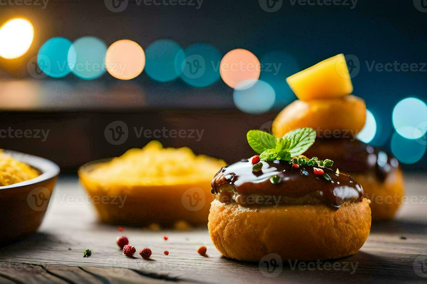 un plato de comida con rosquillas y arroz. generado por ai foto