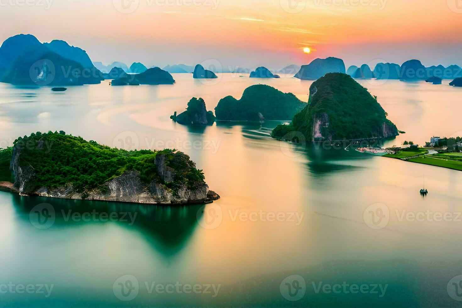 the sun sets over the water in halong bay, vietnam. AI-Generated photo