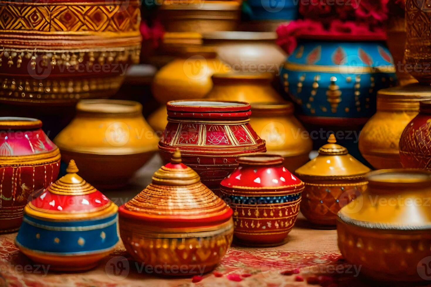 indian pottery for sale at the indian market. AI-Generated photo
