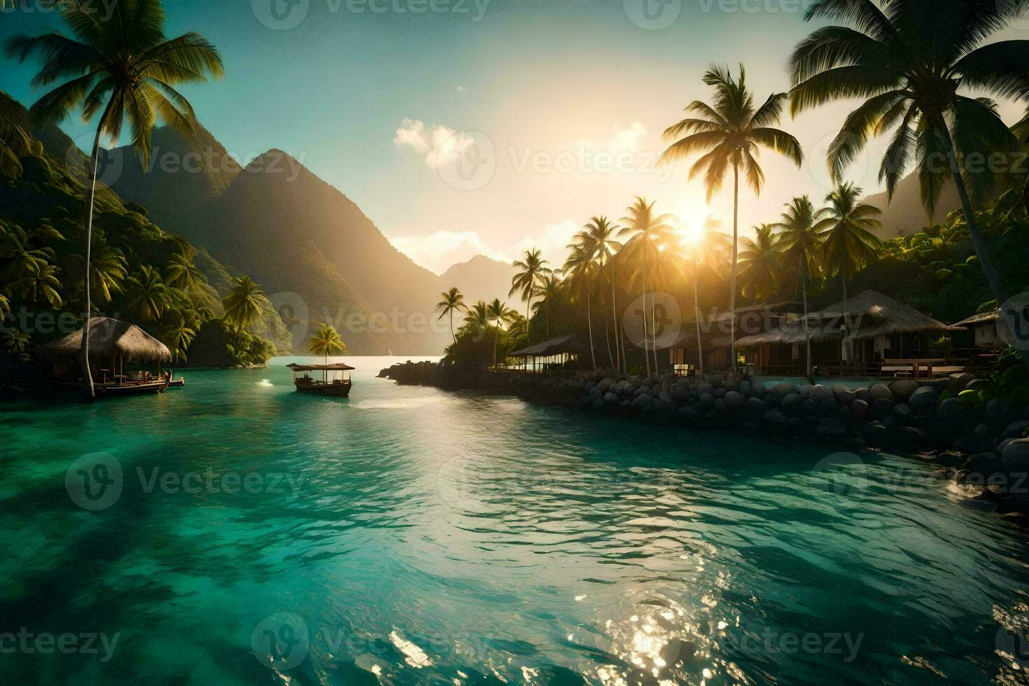 the sun shines over a tropical island with palm trees. AI-Generated photo