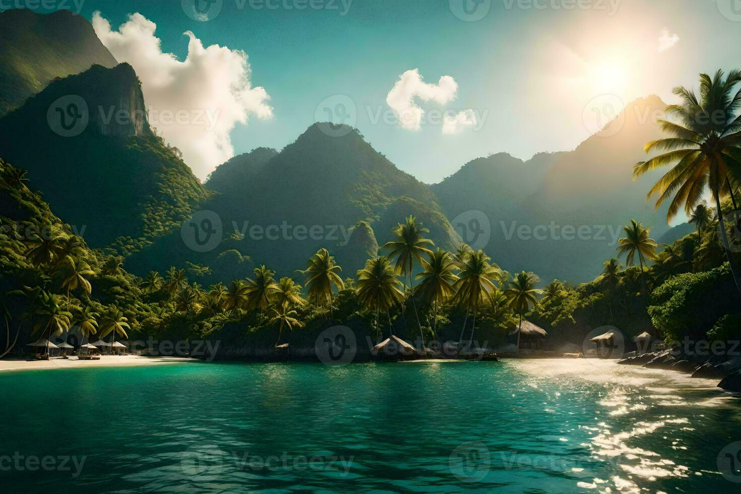 tropical beach with palm trees and mountains. AI-Generated photo