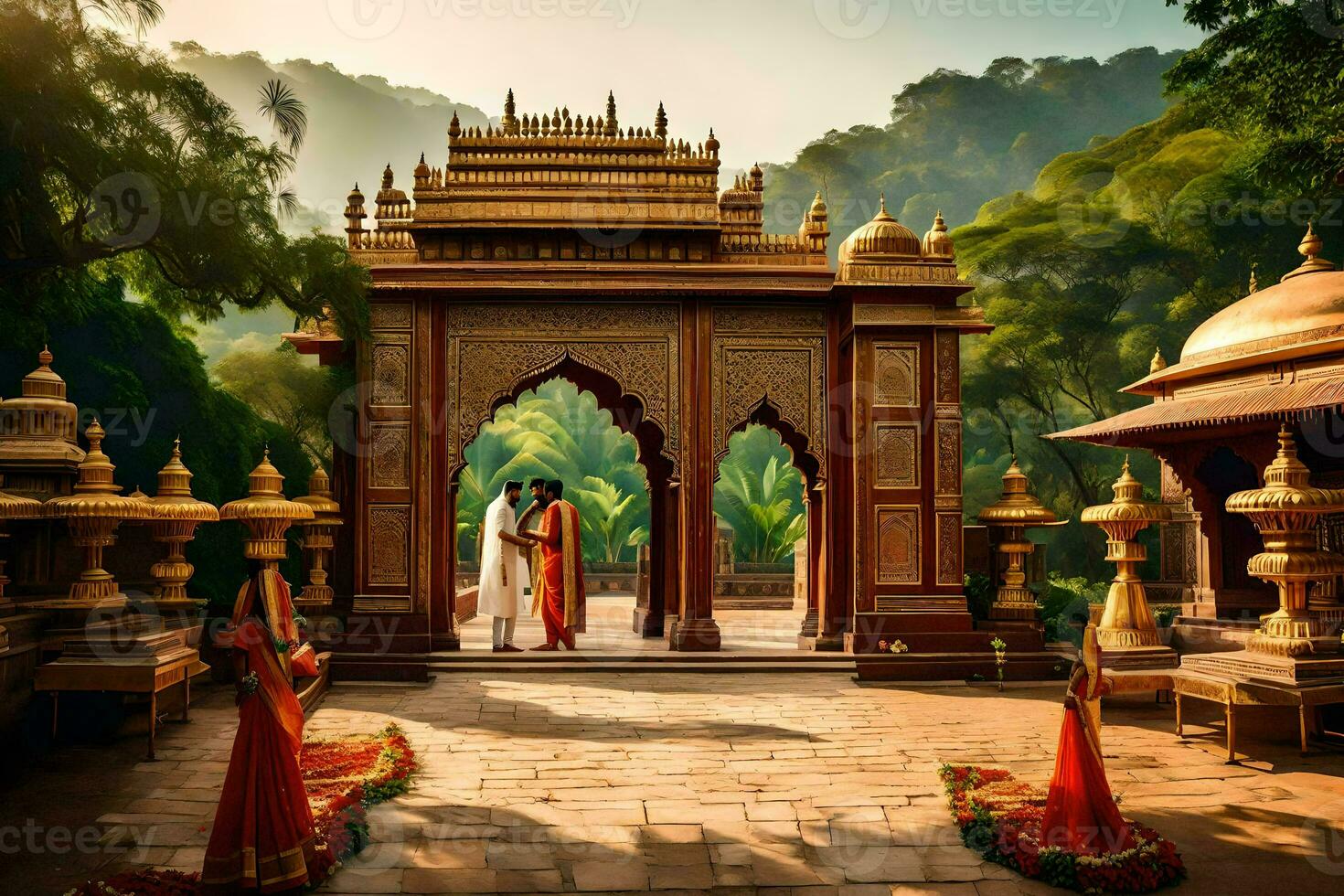 a couple is standing in front of an indian temple. AI-Generated photo