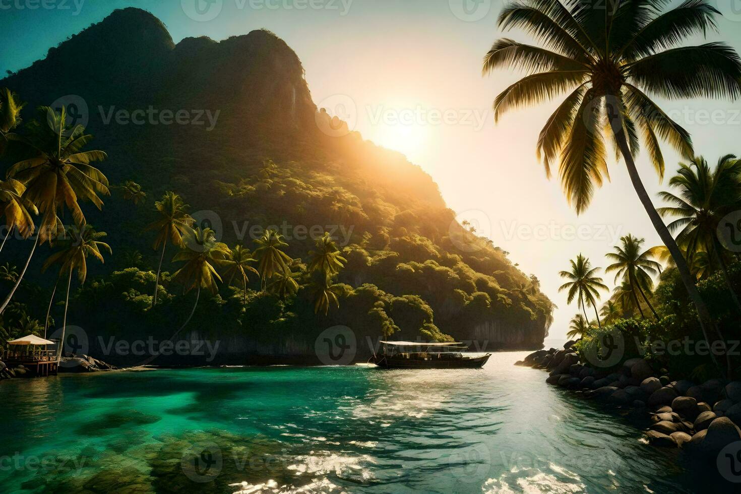 tropical island with palm trees and water. AI-Generated photo