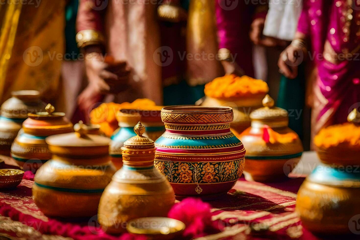 indio Boda ceremonia con vistoso ollas y bochas. generado por ai foto