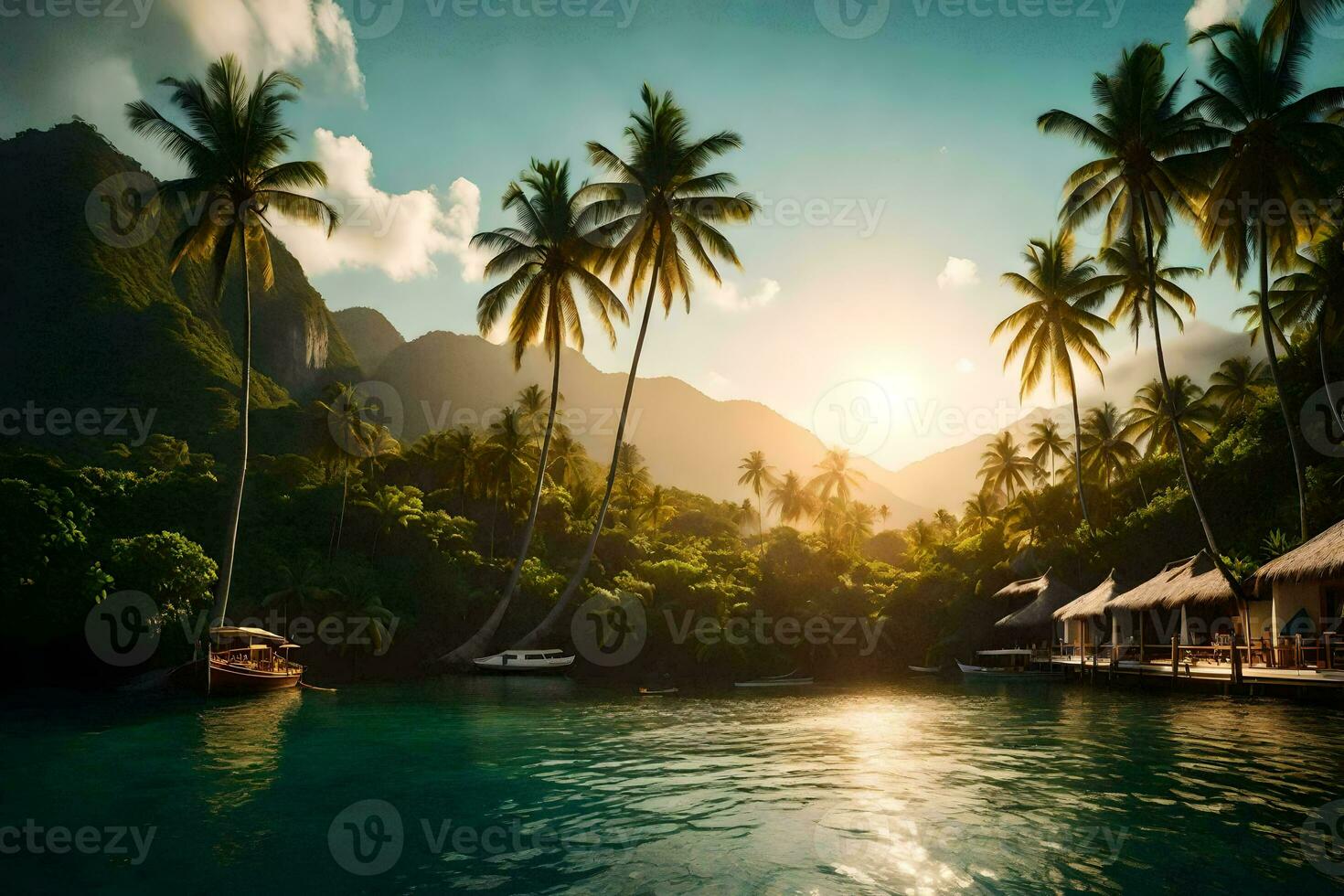 tropical isla con palma arboles y chozas generado por ai foto