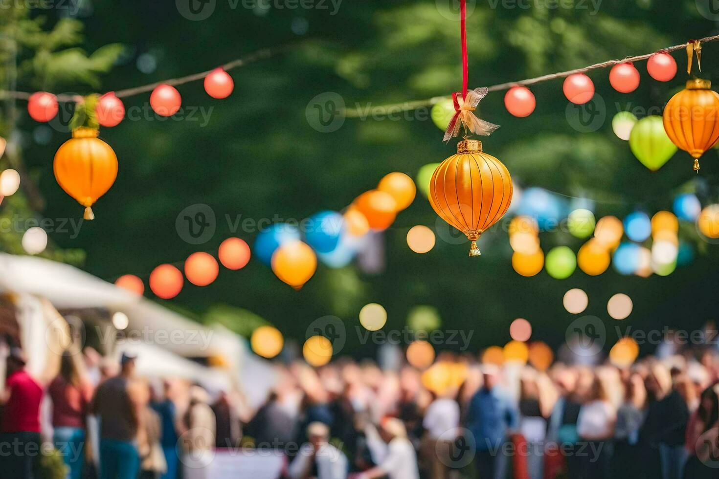 vistoso linternas colgando desde arboles a un al aire libre evento. generado por ai foto