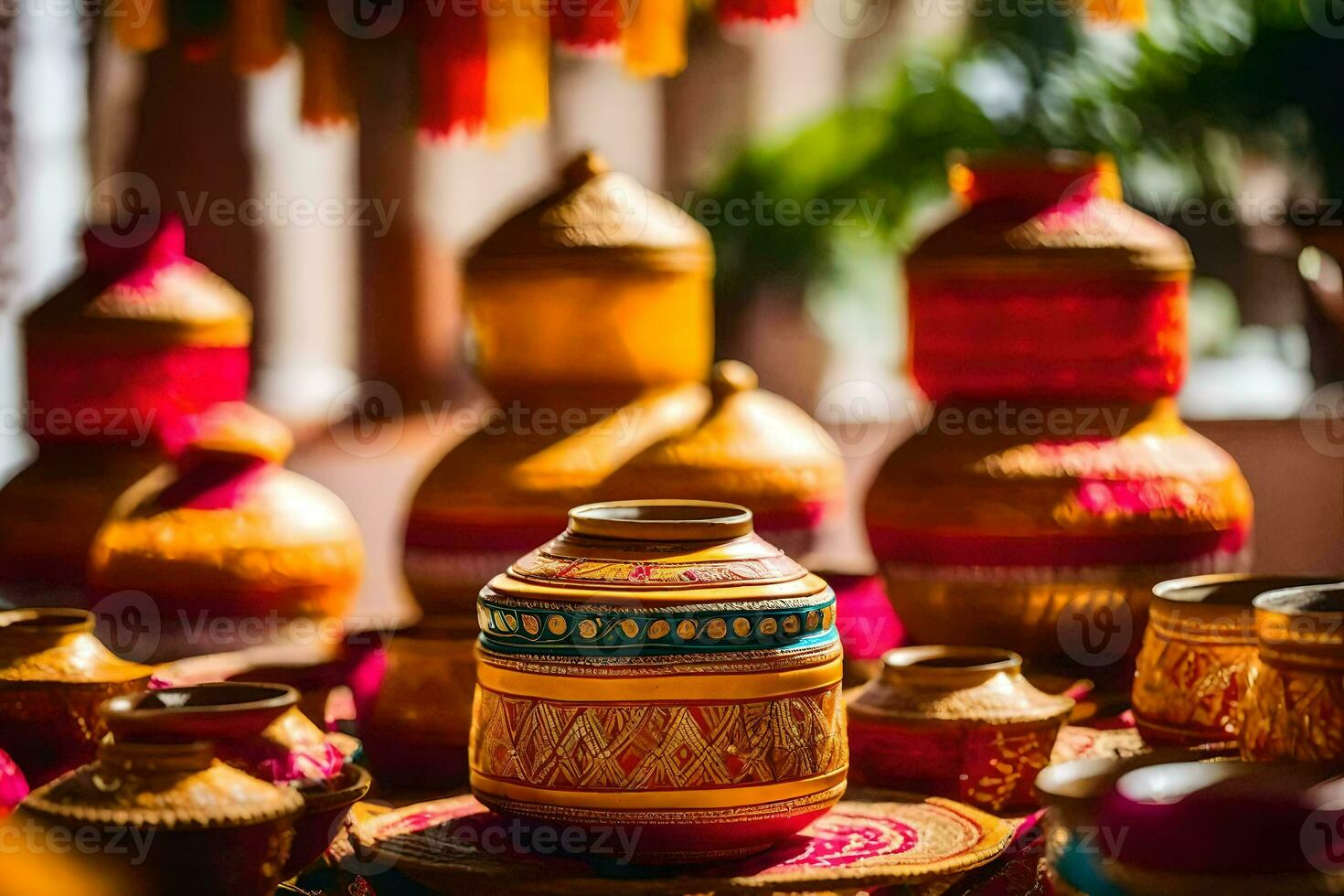 a table with many colorful pots and vases. AI-Generated photo