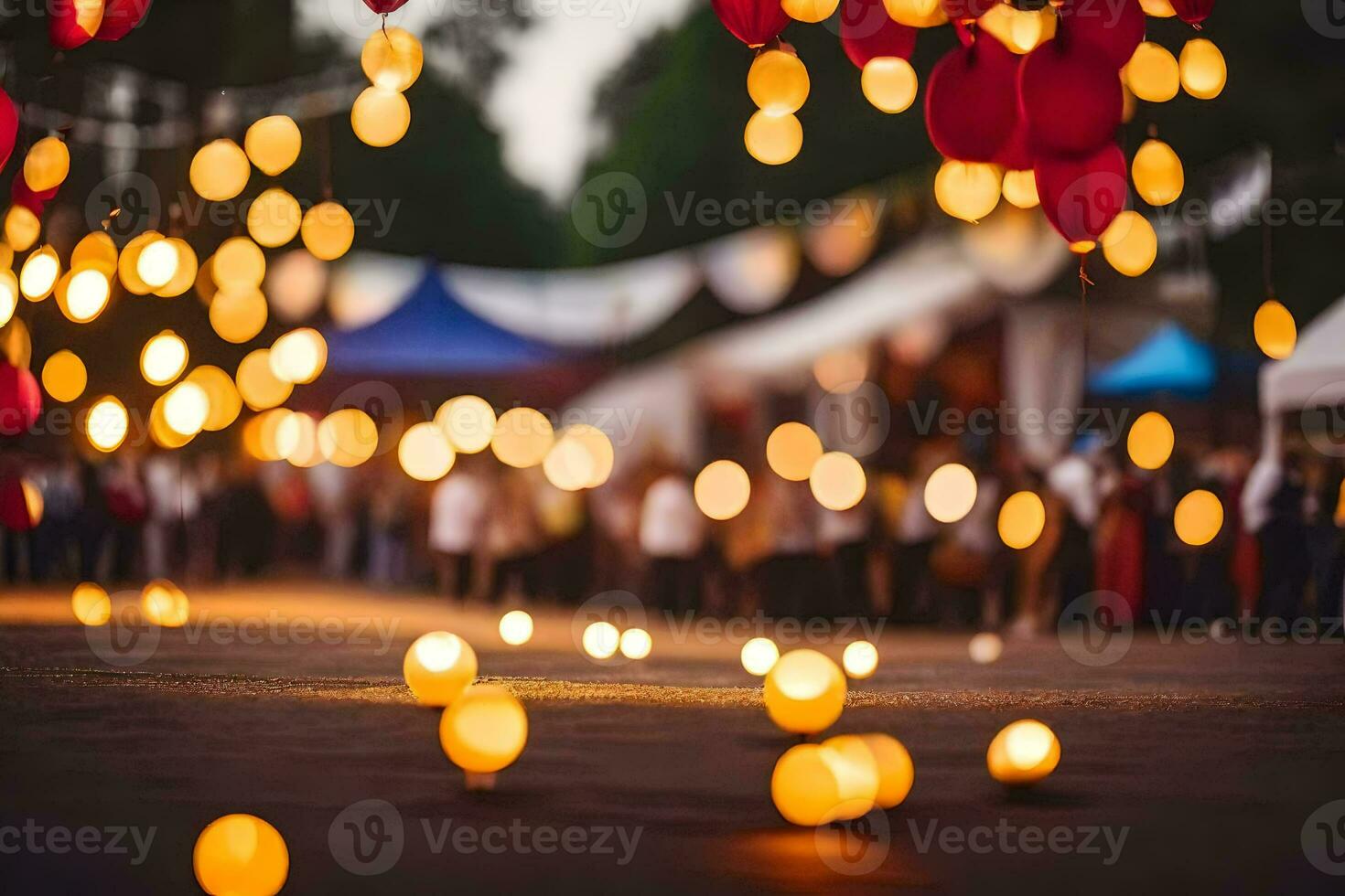 many people are standing in front of a crowd of people with red and white balloons. AI-Generated photo