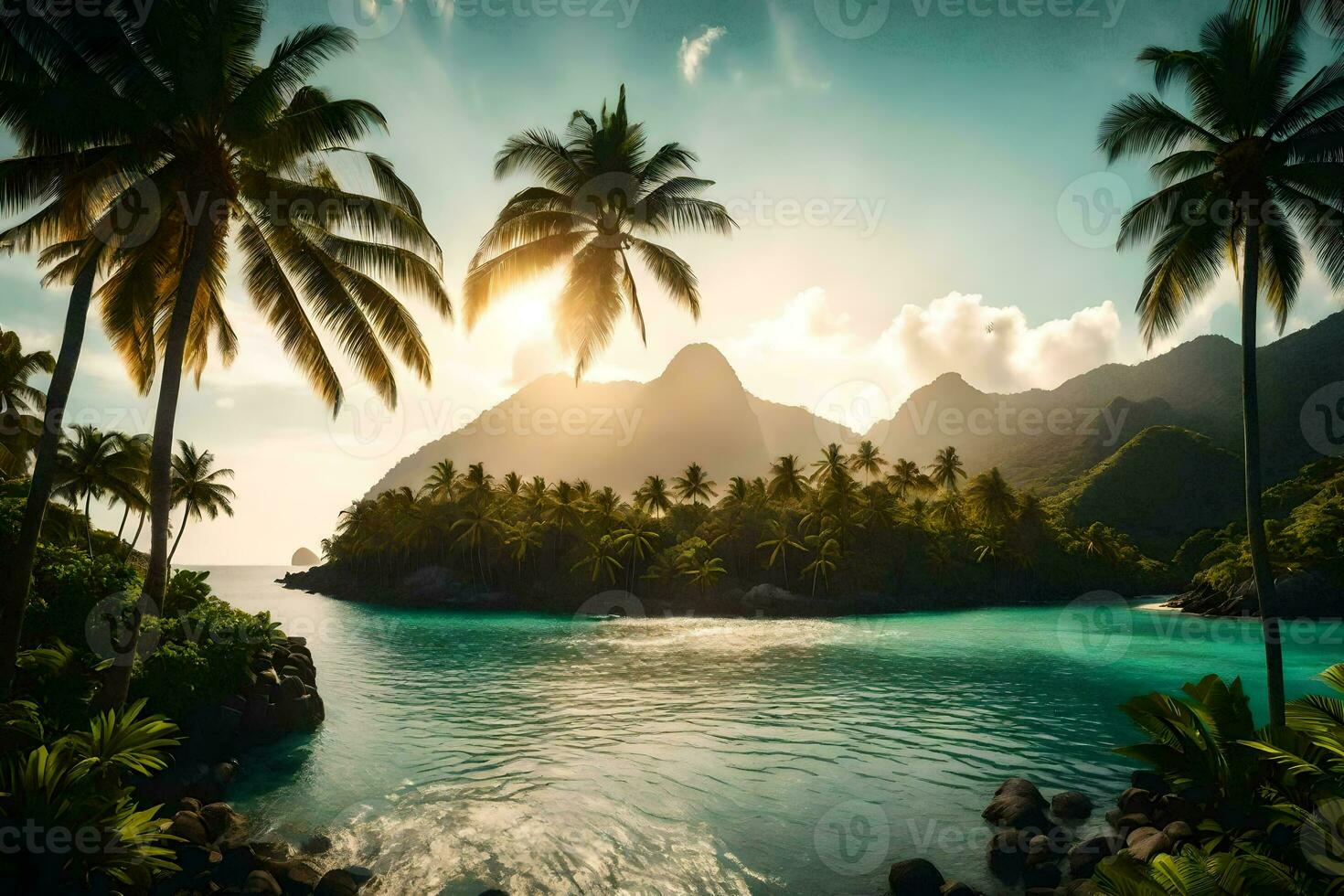 tropical isla con palma arboles y agua. generado por ai foto