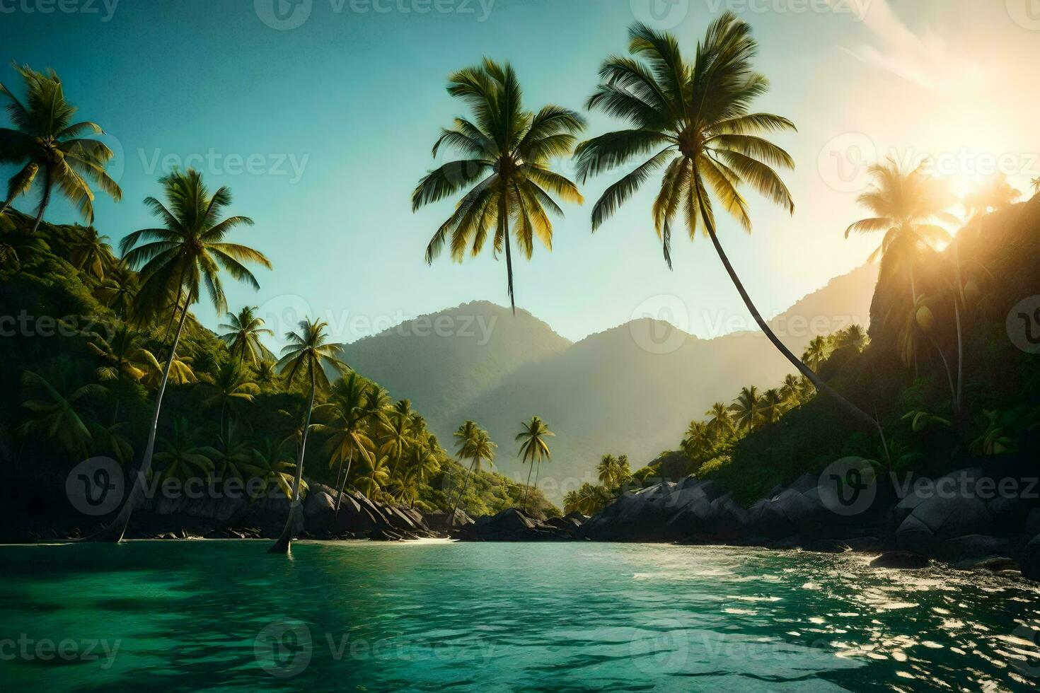 tropical beach with palm trees and mountains. AI-Generated photo