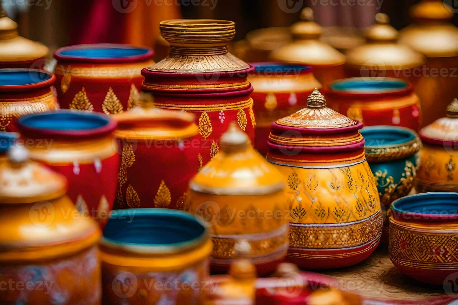 colorful pots and vases are displayed on a table. AI-Generated photo