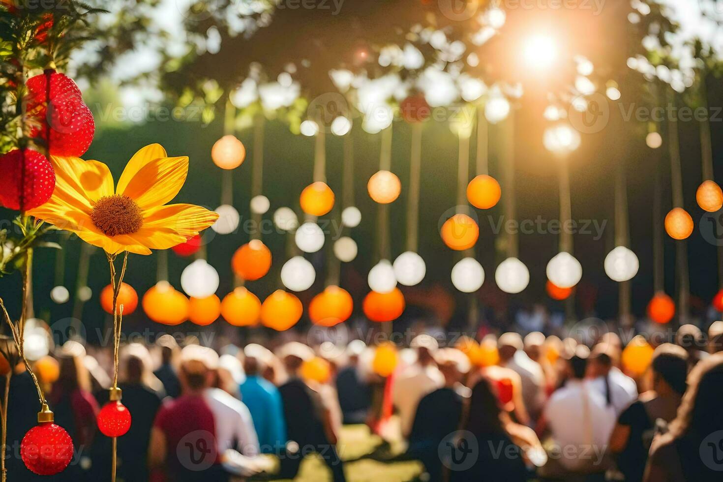 a group of people sitting under a tree with colorful balloons. AI-Generated photo