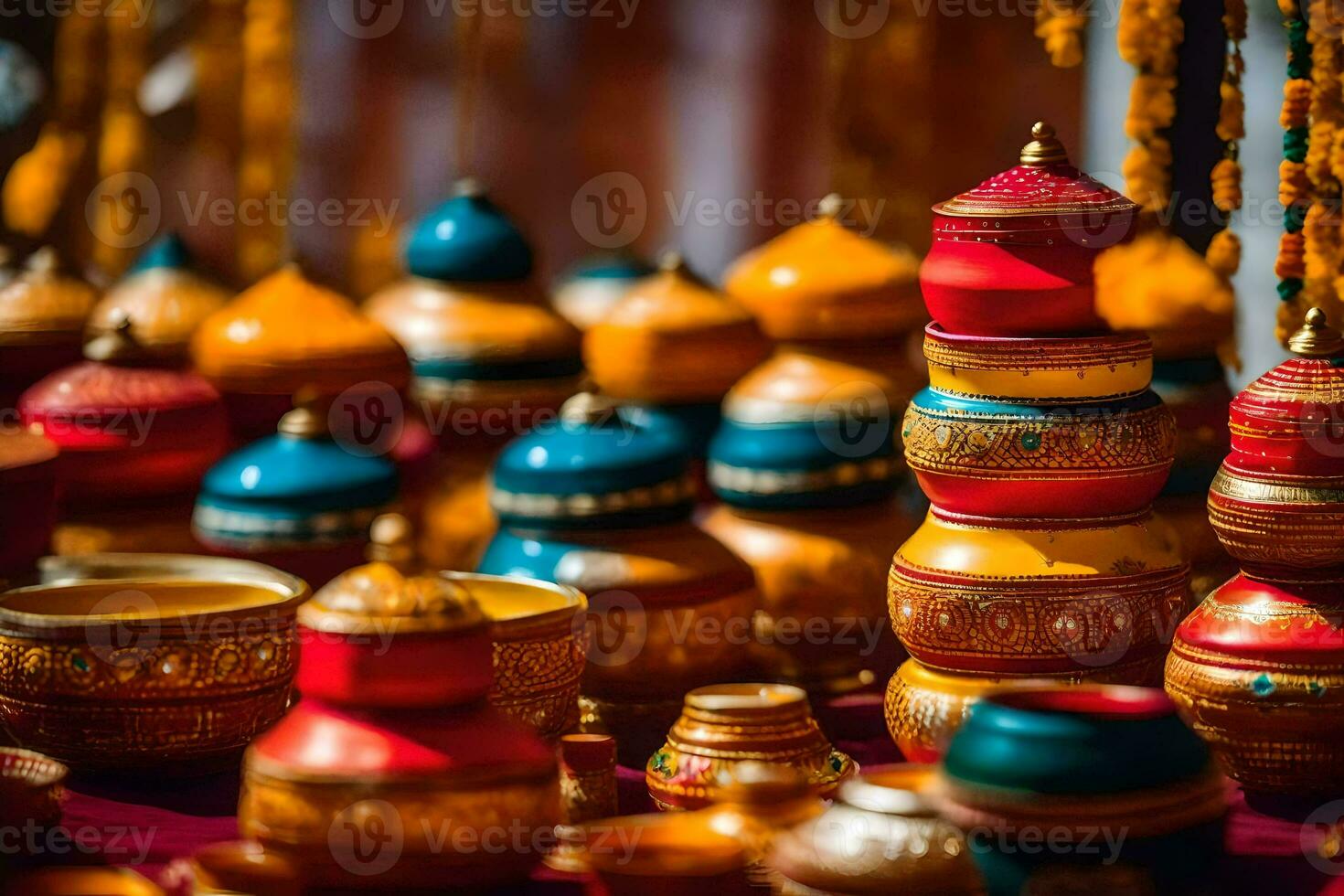 colorful pots and bowls are displayed on a table. AI-Generated photo