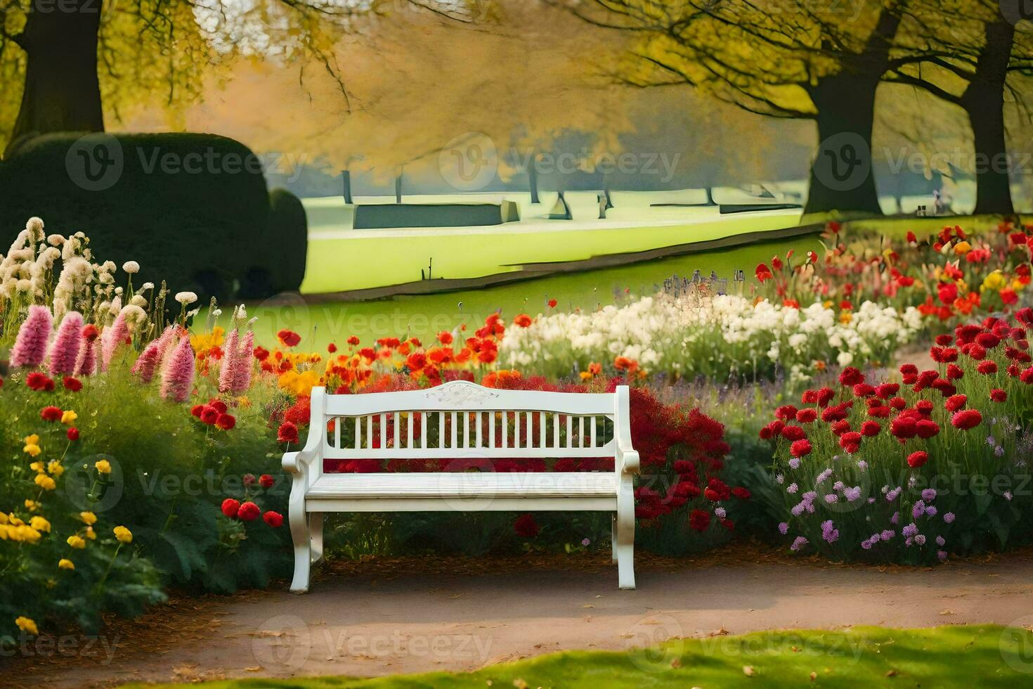 a white bench sits in a park surrounded by flowers. AI-Generated photo