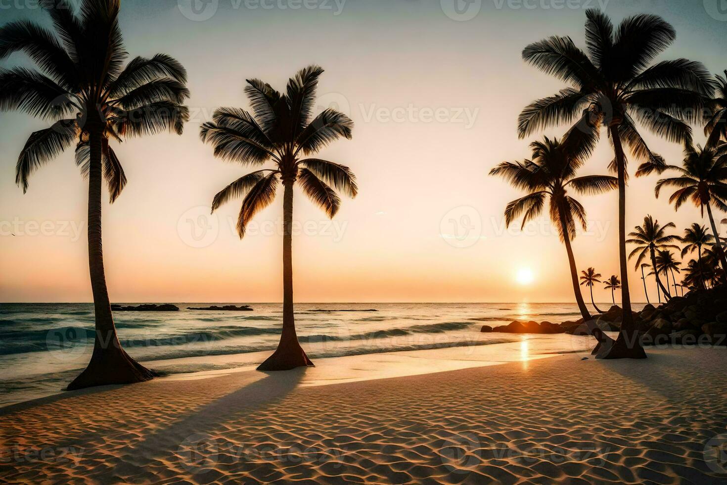 el Dom conjuntos terminado el Oceano y palma arboles en un playa. generado por ai foto