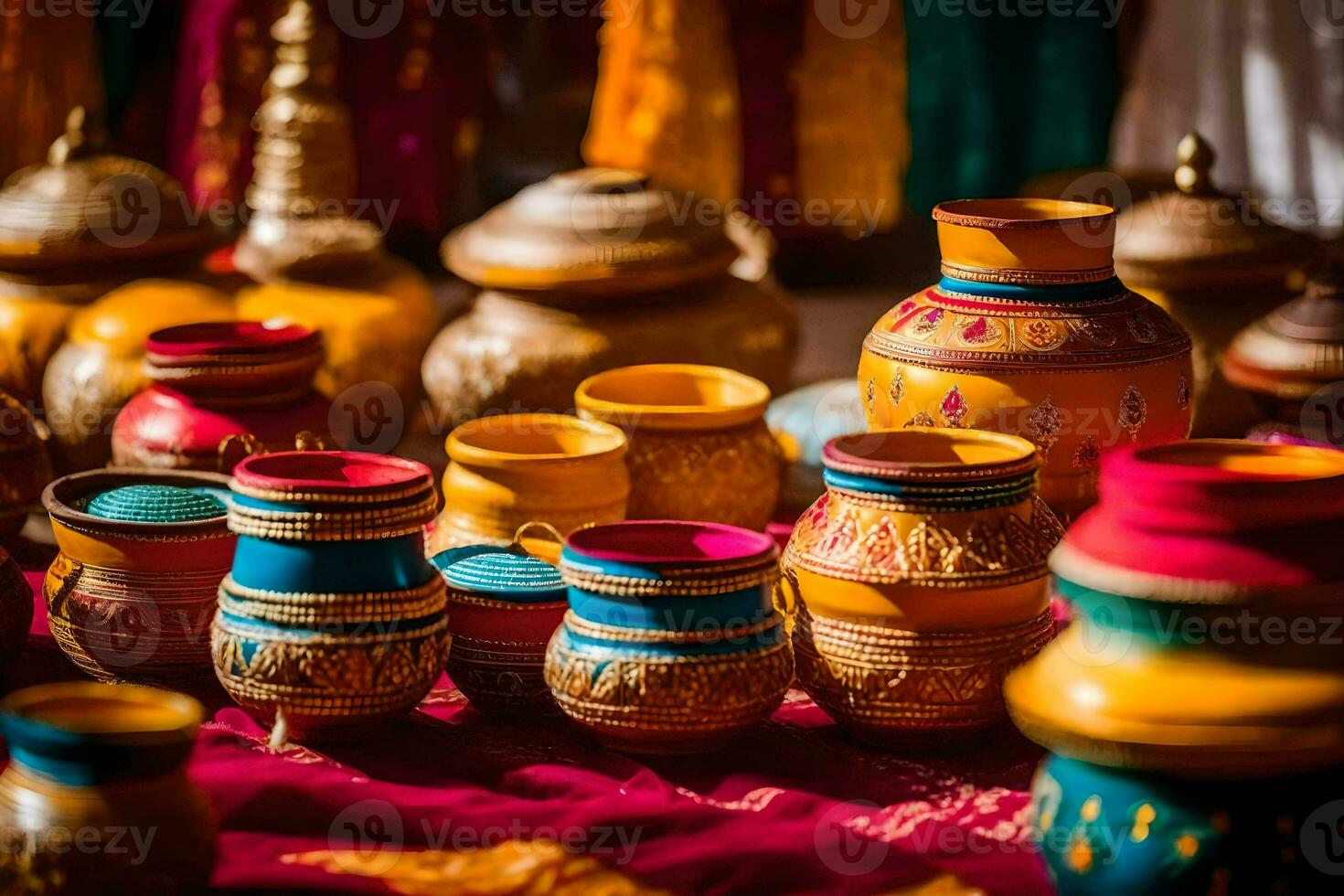 colorful pots and vases are displayed on a table. AI-Generated photo