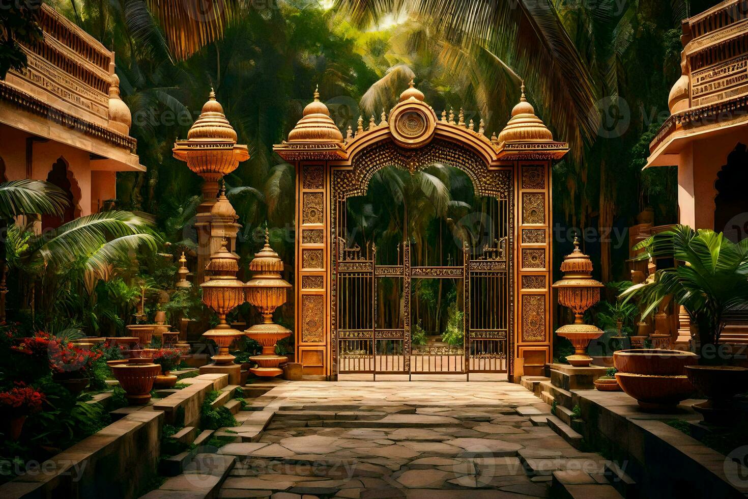 a gate in the middle of a tropical garden. AI-Generated photo