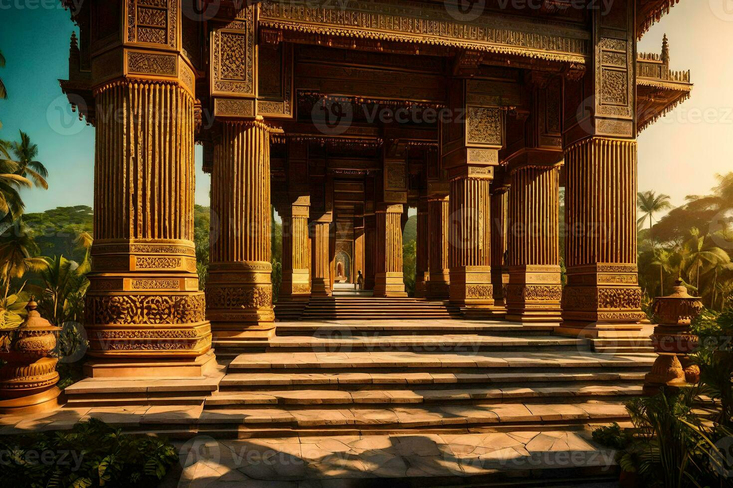 the sun is shining through the pillars of an ancient temple. AI-Generated photo