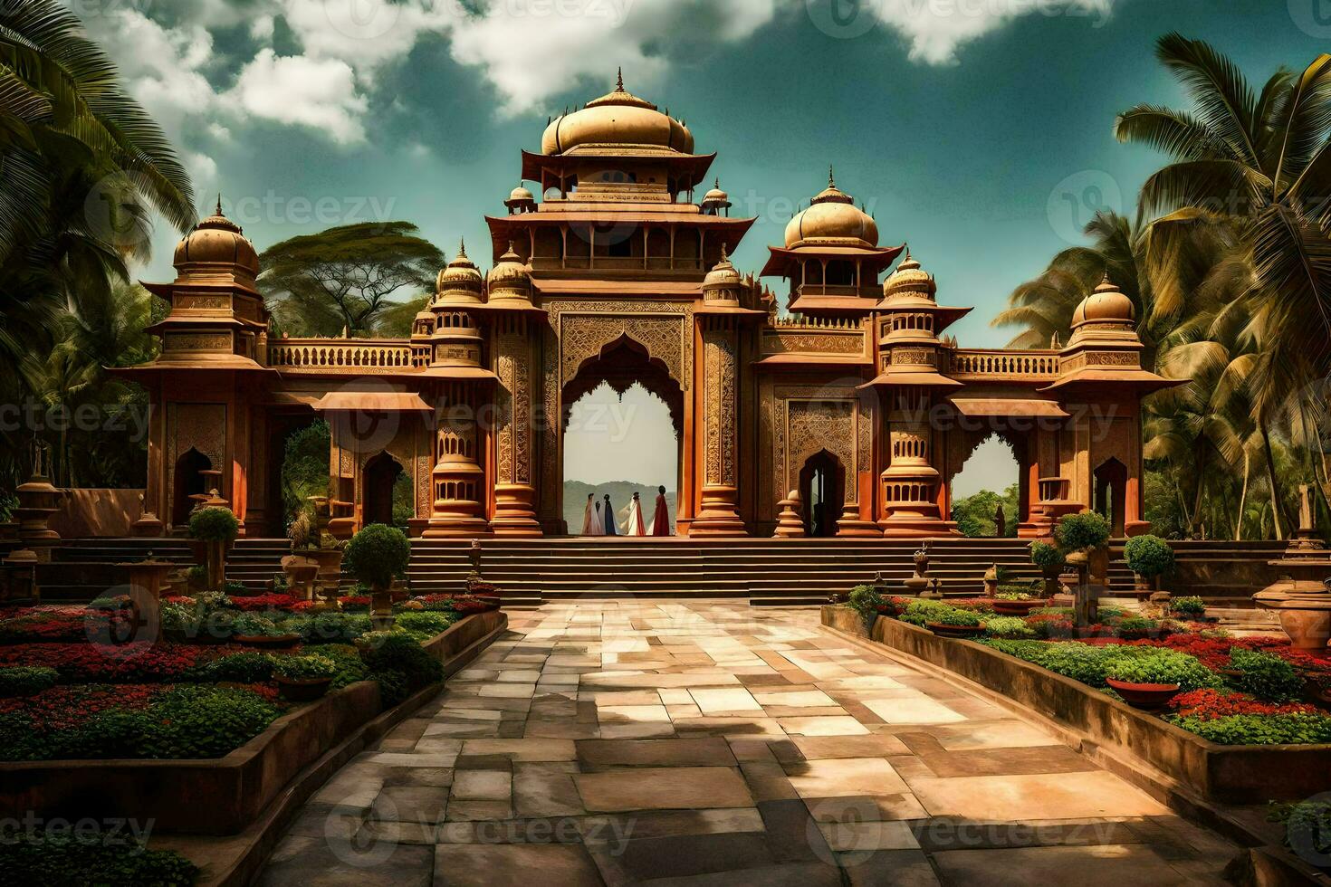 the entrance to a large building with a large arch. AI-Generated photo