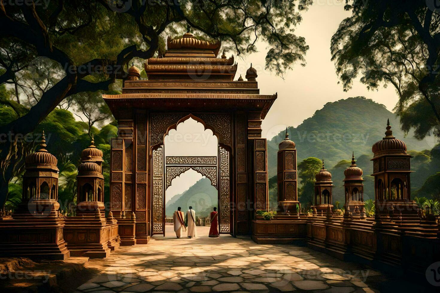 a man and woman walk through an archway in a park. AI-Generated photo