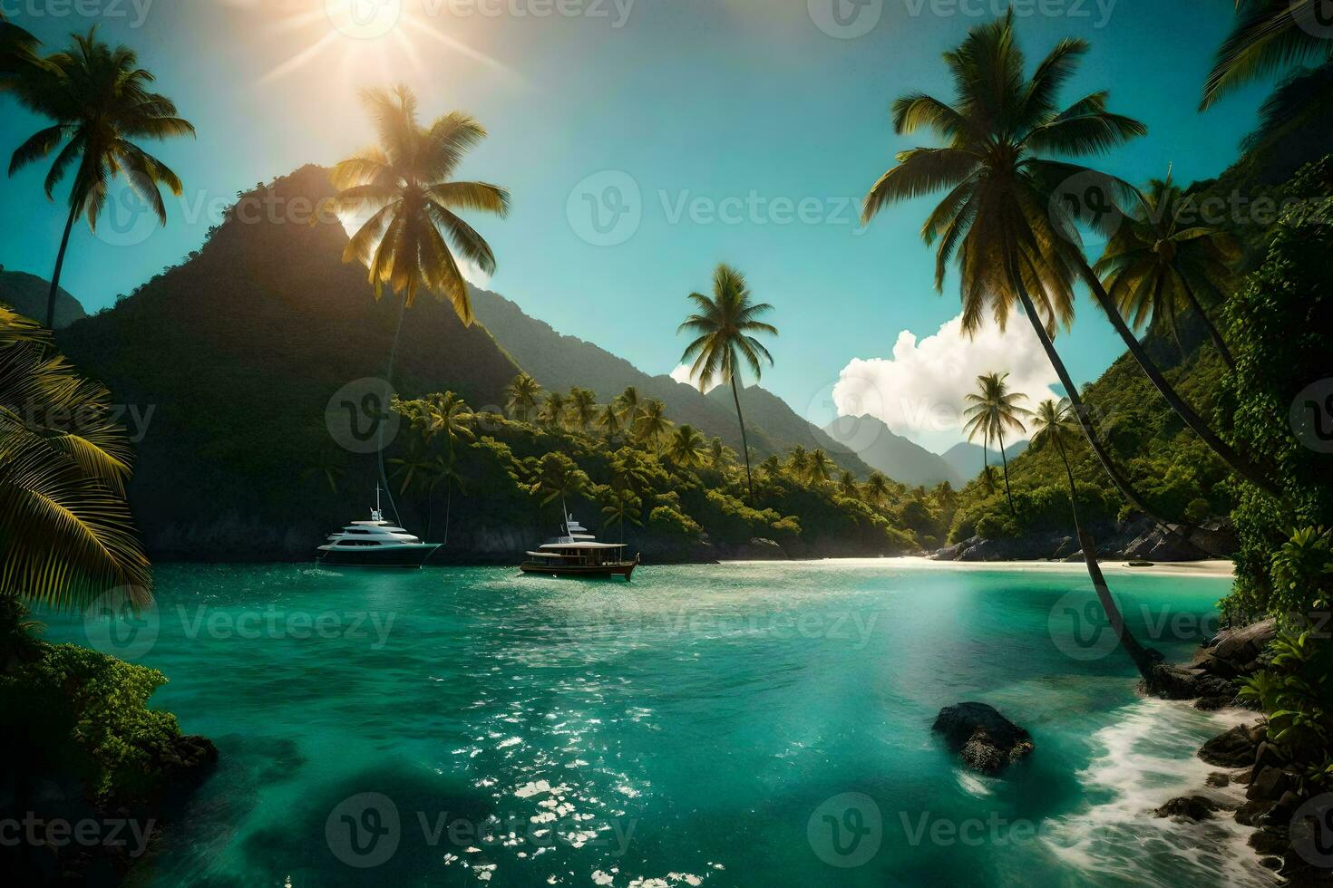 photo wallpaper the sky, water, mountains, beach, boat, palm trees, sun, boat. AI-Generated