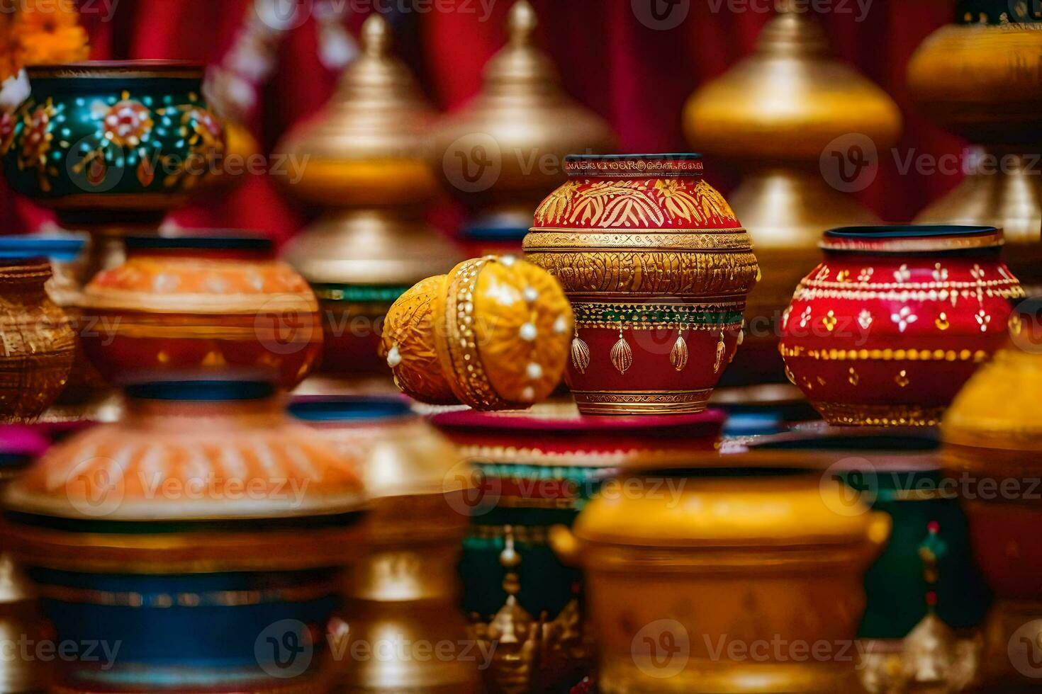 many colorful pots and vases are on display. AI-Generated photo