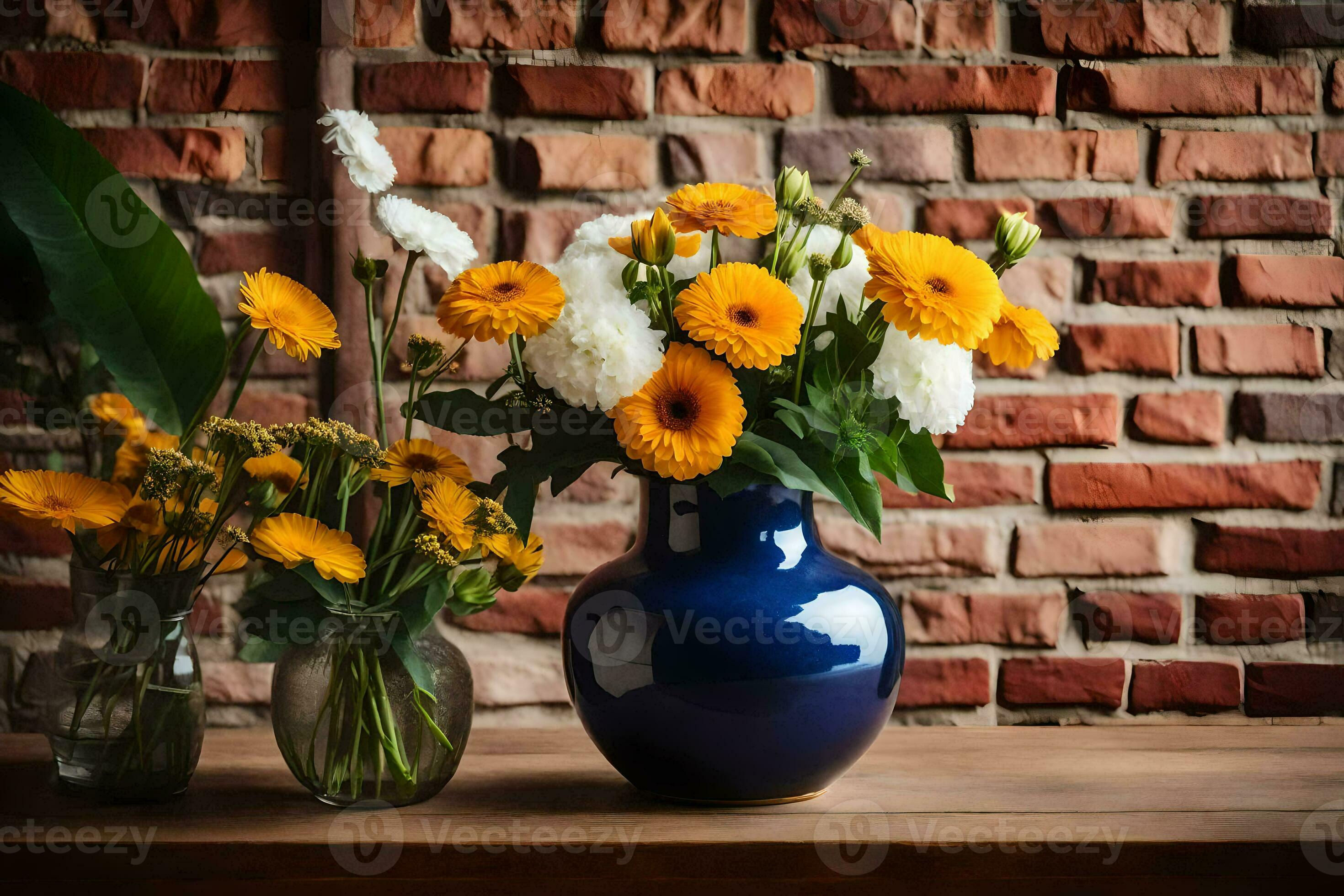 a blue vase with yellow and white flowers on a table. AIGenerated