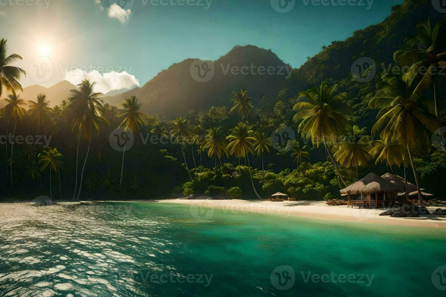a tropical beach with palm trees and a hut. AI-Generated photo