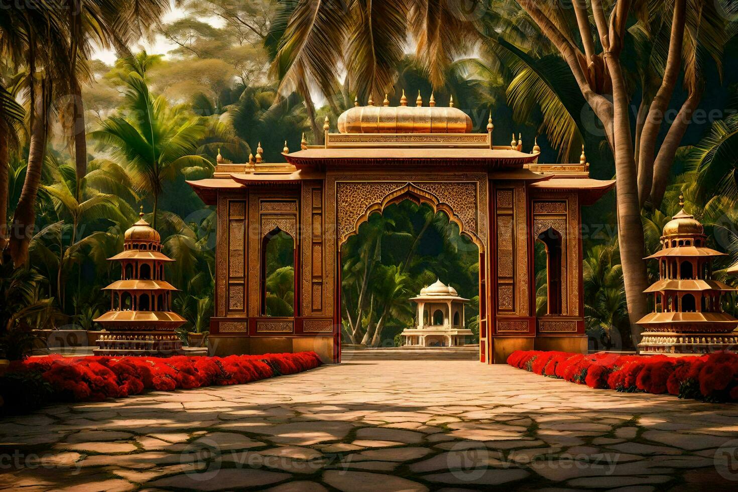 an ornate gate in the middle of a tropical garden. AI-Generated photo