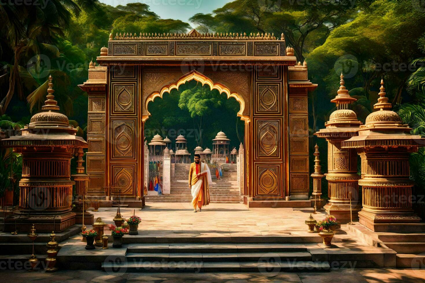 a man standing in front of an ornate archway. AI-Generated photo