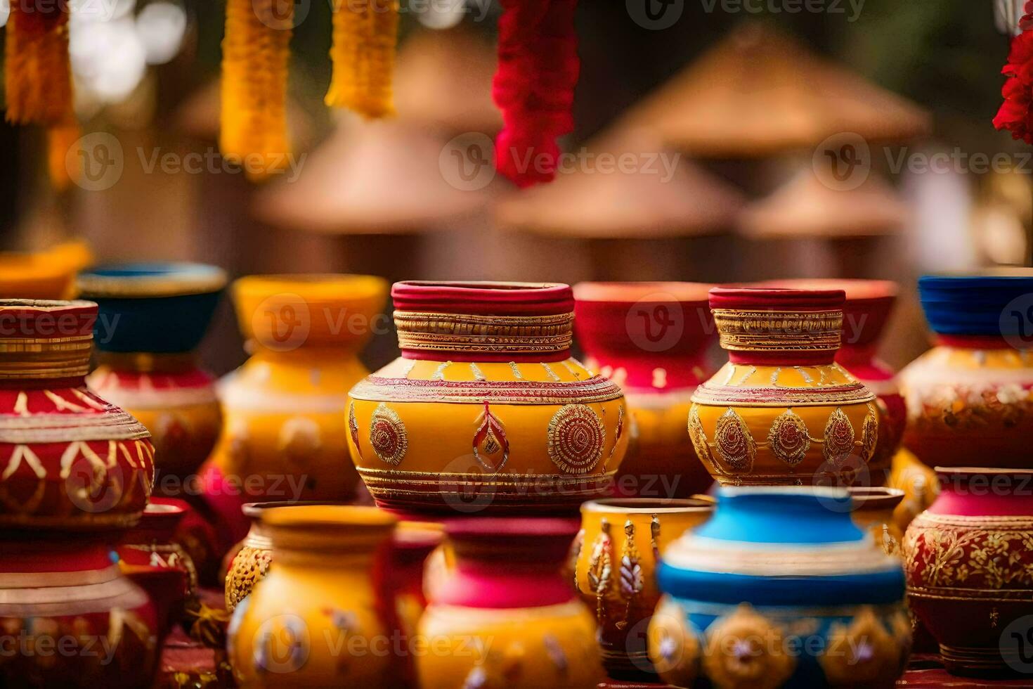 colorful vases are displayed in a shop. AI-Generated photo